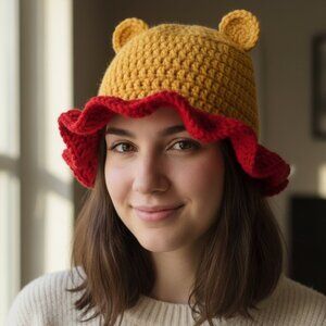 Handmade Crochet Ruffle   Honey Bear Bucket Hat  New